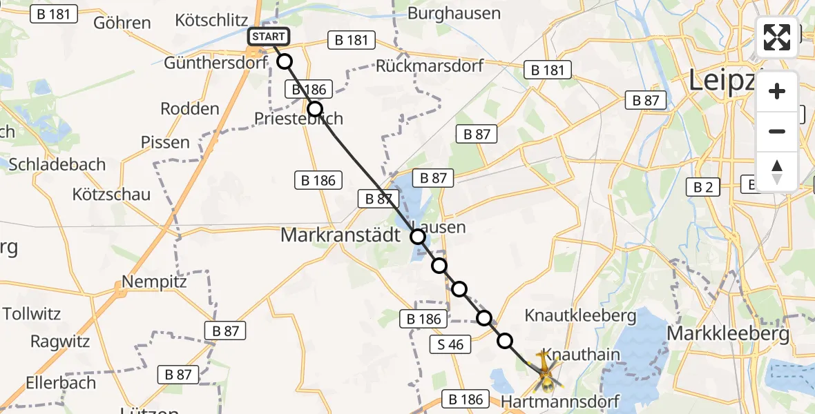 Flugroute Rettungshubschrauber ADAC Air Rescue Station Leipzig/Schkeuditz-Dölzig Hubschrauberlandeplatz (Christoph 61) - Leipzig, 09 August 2026, 12:10