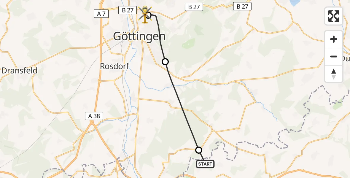 Flugroute Rettungshubschrauber Rohrberg - Göttingen University Clinic Hubschrauberlandeplatz, 09 August 2026, 12:14