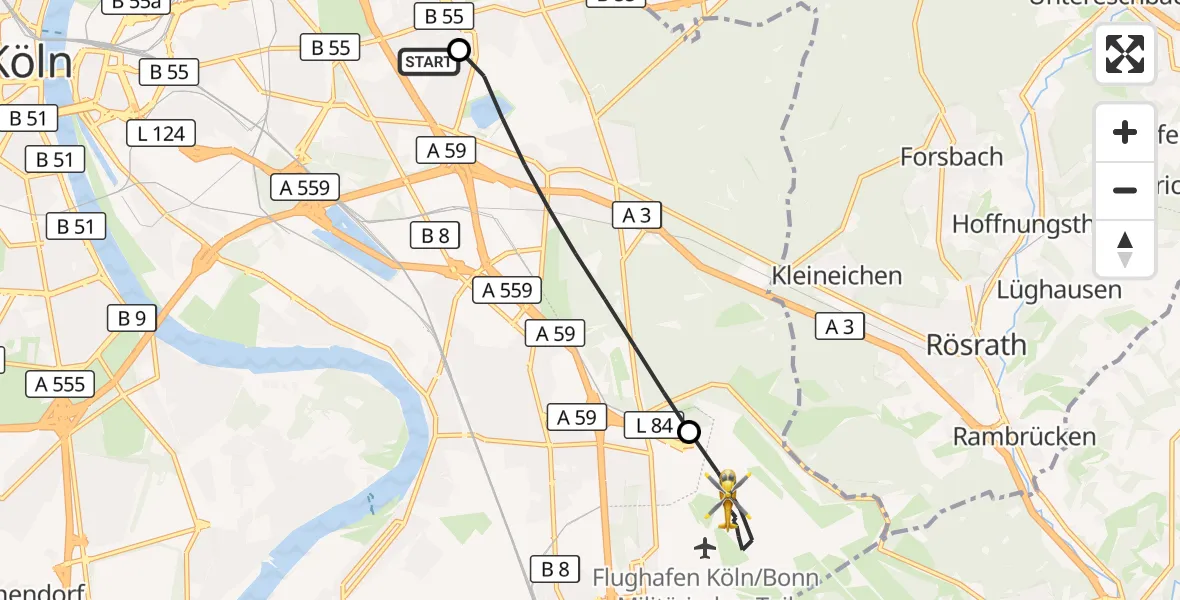 Flugroute Rettungshubschrauber Merheim Hospital - Köln Bonn Flughafen, 09 August 2026, 12:17