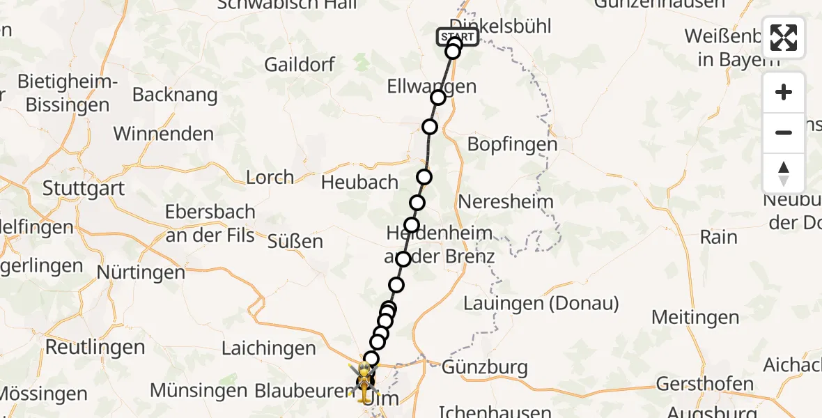 Flugroute Rettungshubschrauber Fichtenau - Ulm Military Hospital Emergency, 09 August 2026, 12:17