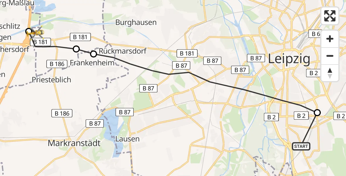 Flugroute Rettungshubschrauber Sankt Elisabeth Hospital Leipzig - ADAC Air Rescue Station Leipzig/Schkeuditz-Dölzig Hubschrauberlandeplatz (Christoph 61), 09 August 2026, 12:21
