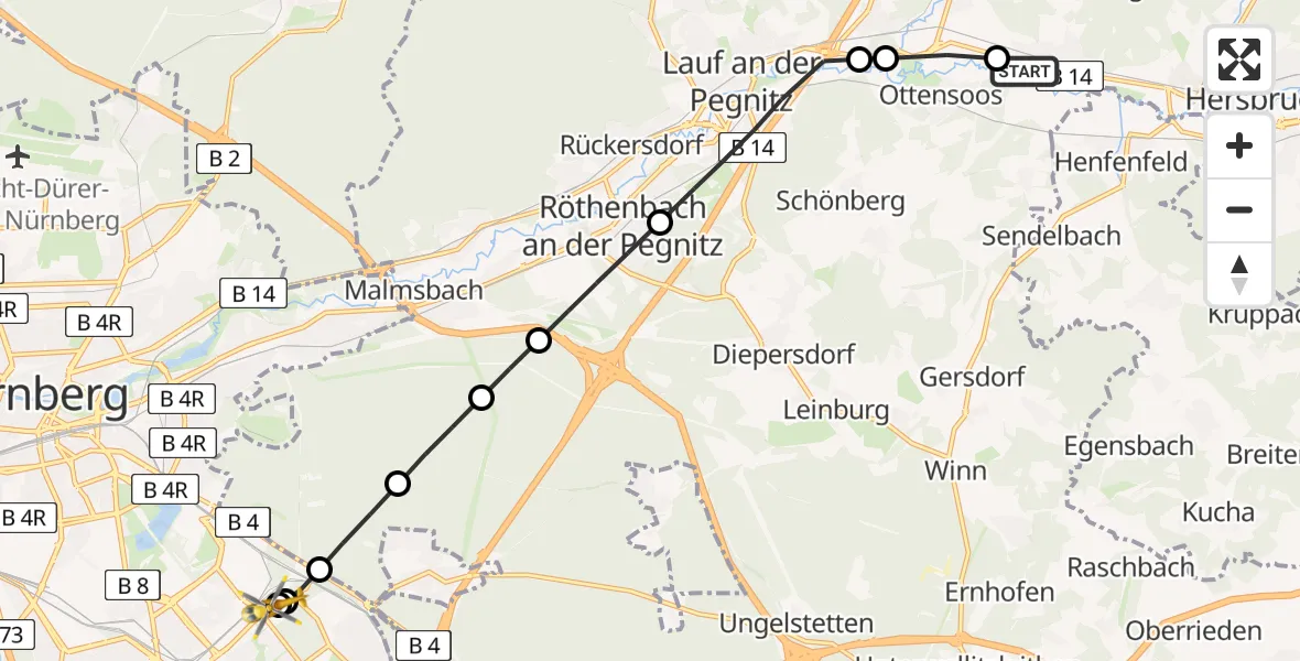 Flugroute Ambulanzhubschrauber Reichenschwand - Nürnberg South Hospital, 09 August 2026, 12:22