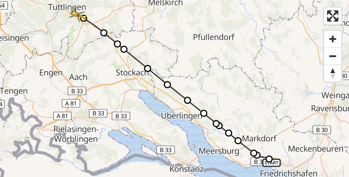Flugroute Rettungshubschrauber Friedrichshafen Hospital - Tuttlingen, 09 August 2026, 12:29