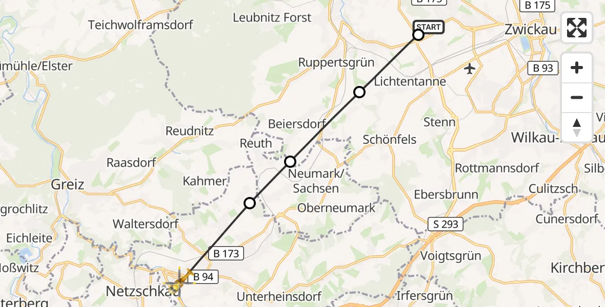 Flugroute Rettungshubschrauber ADAC Air Rescue Station Zwickau Hubschrauberlandeplatz - Reichenbach im Vogtland, 09 August 2026, 12:31