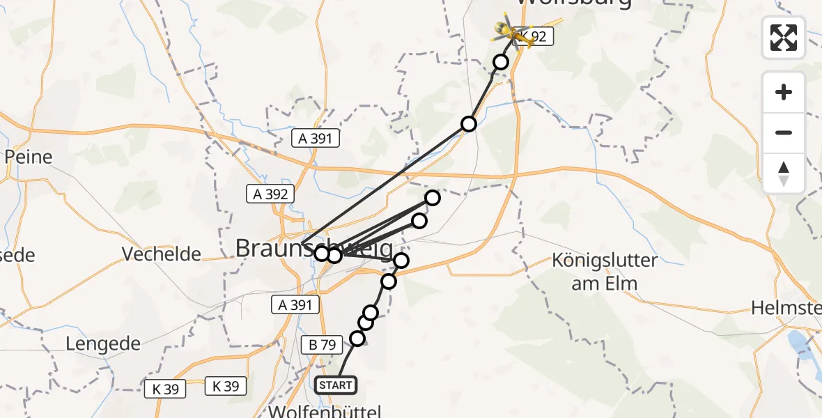 Flugroute Rettungshubschrauber Wolfenbüttel - Wolfsburg, 09 August 2026, 12:31
