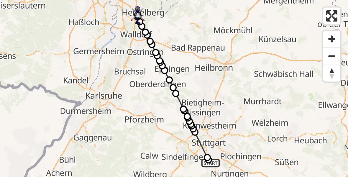 Flugroute Polizeihubschrauber Flughafen Stuttgart - Heidelberg Armee-Hubschrauberbasis, 09 August 2026, 12:37