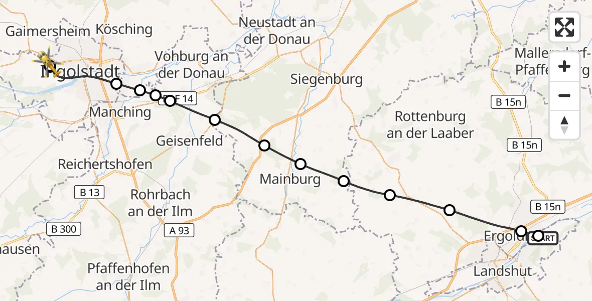 Flugroute Rettungshubschrauber Landshut - Ingolstadt Hospital, 09 August 2026, 12:44