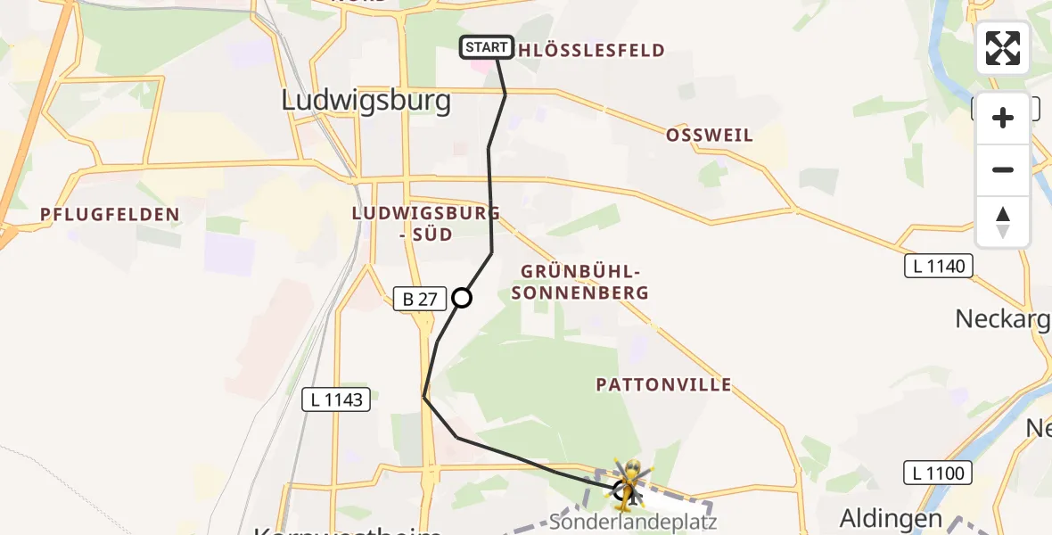 Flugroute Rettungshubschrauber Ludwigsburg - Pattonville Flugplatz, 09 August 2026, 12:46
