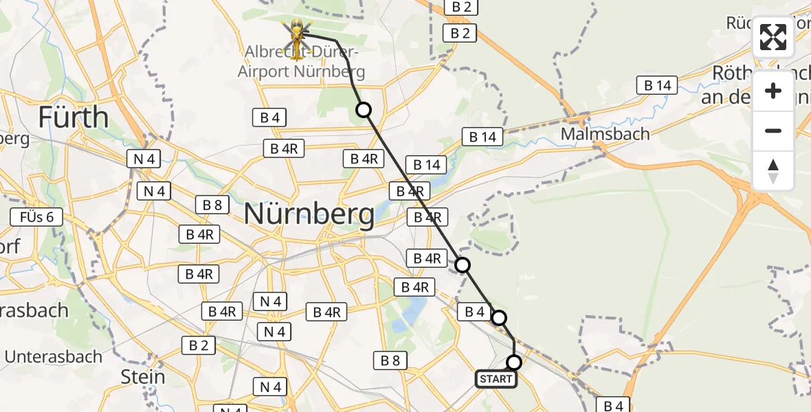 Flugroute Ambulanzhubschrauber Nürnberg South Hospital - Flughafen Nuremberg, 09 August 2026, 12:55