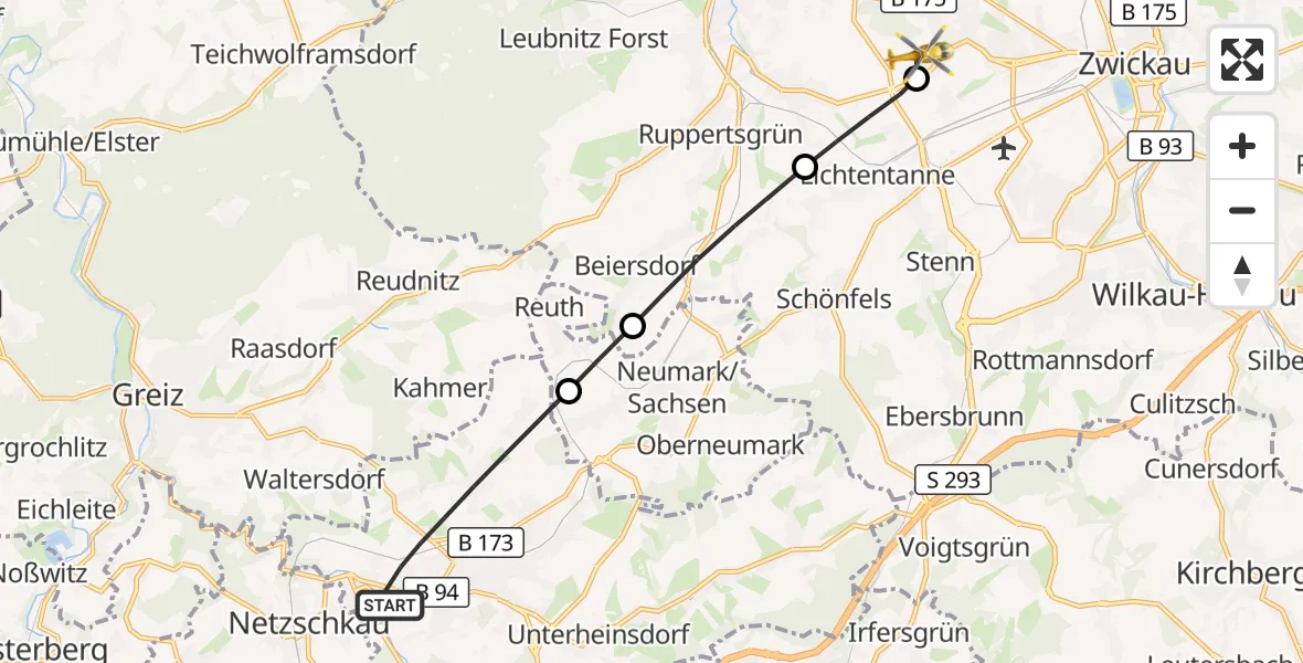 Flugroute Rettungshubschrauber Reichenbach im Vogtland - ADAC Air Rescue Station Zwickau Hubschrauberlandeplatz, 09 August 2026, 12:59