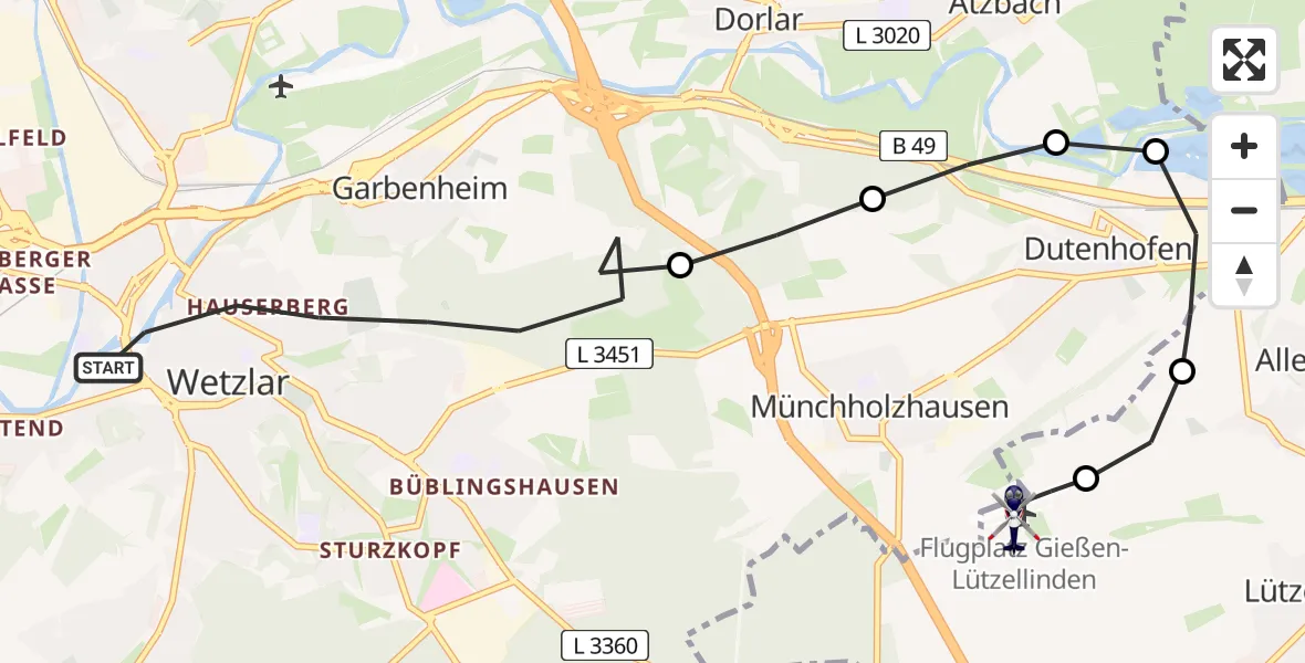 Flugroute Polizeihubschrauber Wetzlar - Gießen-Lützellinden Flugplatz, 09 August 2026, 13:04