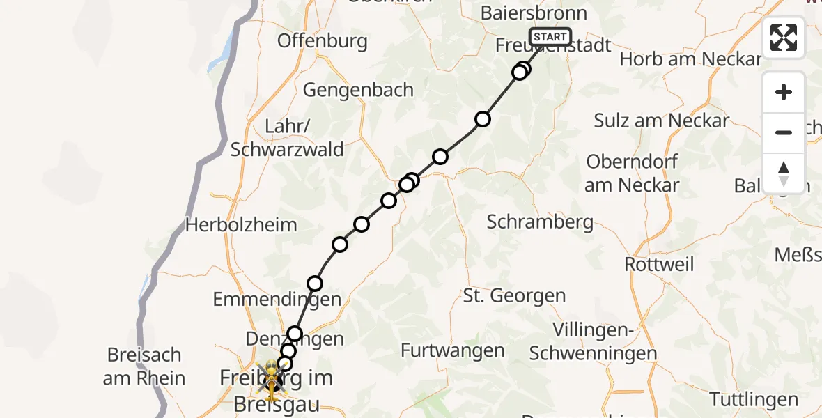 Flugroute Rettungshubschrauber Freudenstadt - Freiburg University Hospital Heliport 1, 09 August 2026, 13:05