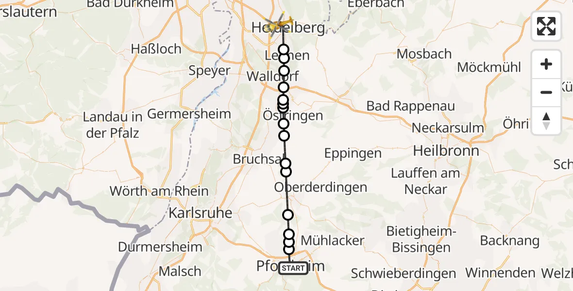 Flugroute Rettungshubschrauber Pforzheim - Heidelberg, 09 August 2026, 13:06