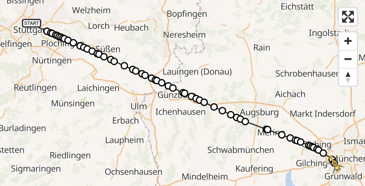 Flugroute Rettungshubschrauber Stuttgart - DRF Air Rescue München Hubschrauberlandeplatz, 09 August 2026, 13:06