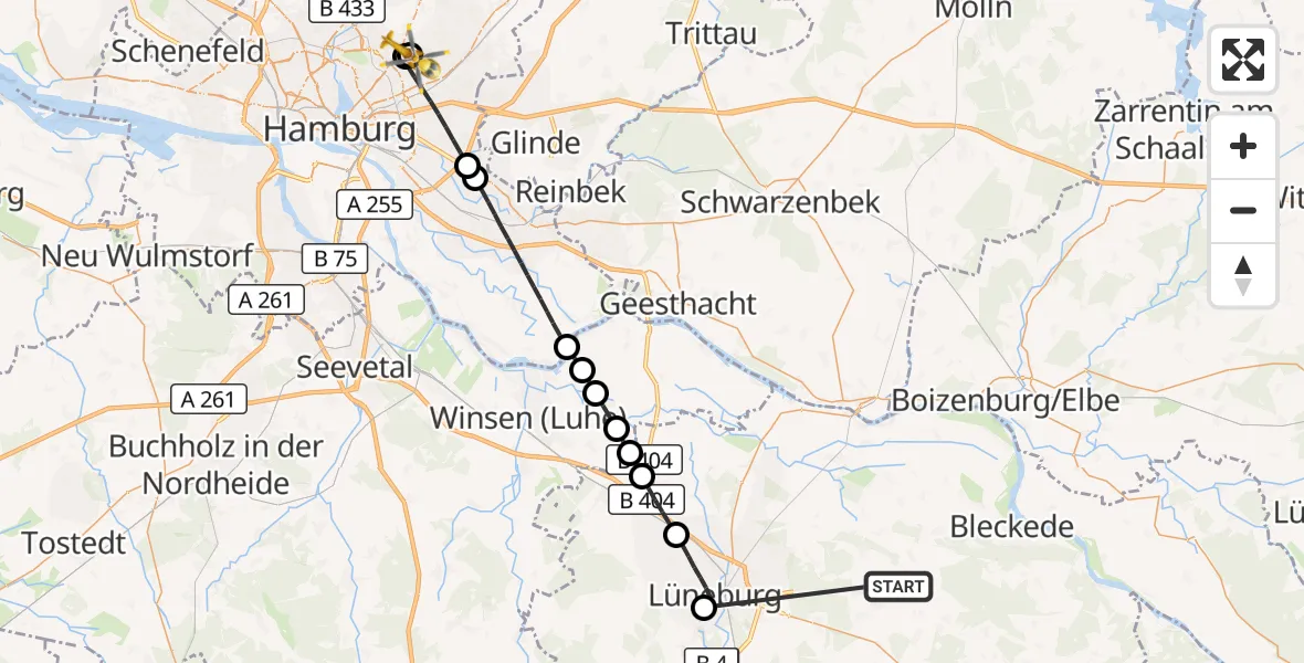 Flugroute Rettungshubschrauber Reinstorf - Hamburg Military Hospital, 09 August 2026, 13:08