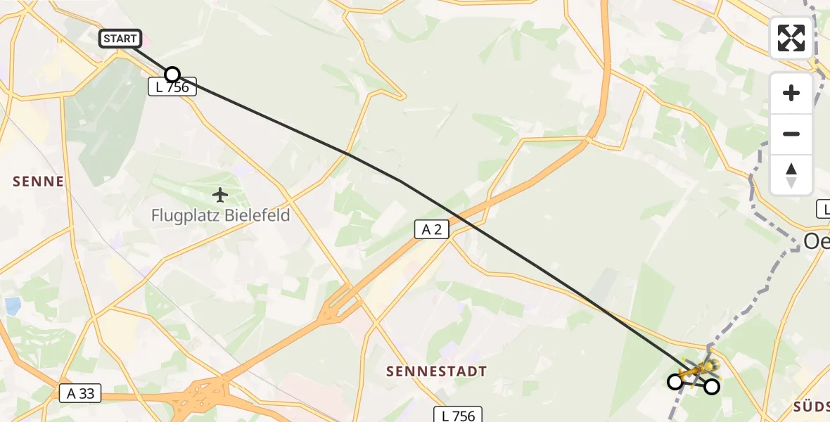 Flugroute Rettungshubschrauber Luftrettungszentrum Bielefeld - Oerlinghausen, 09 August 2026, 13:11