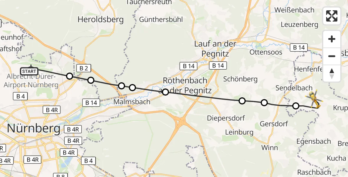 Flugroute Ambulanzhubschrauber Flughafen Nuremberg - Engelthal, 09 August 2026, 13:15