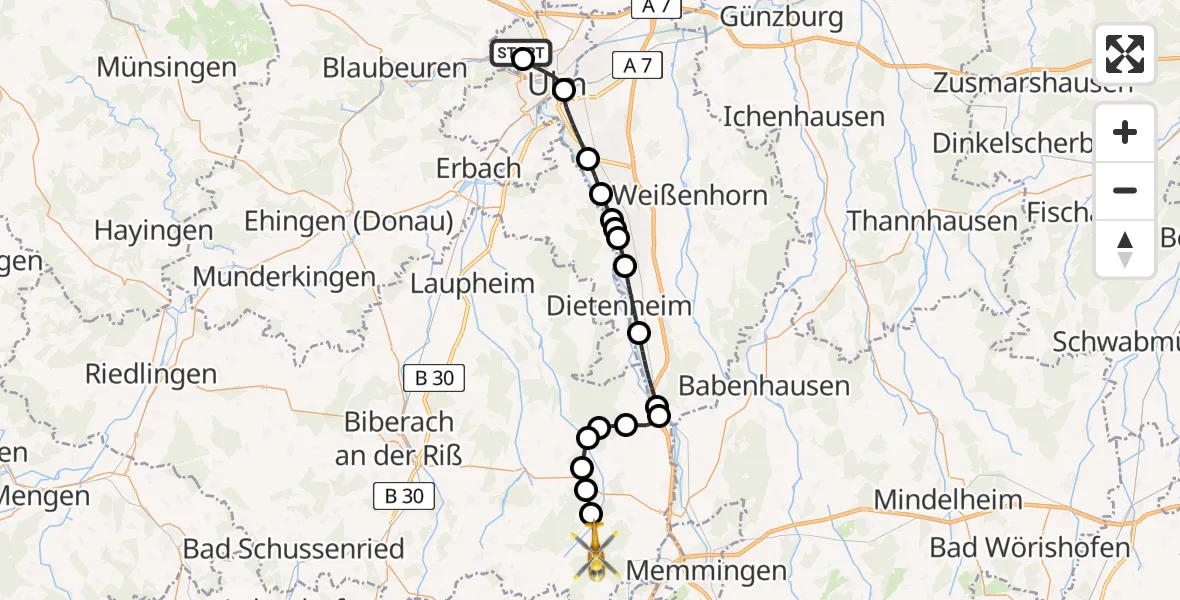 Flugroute Rettungshubschrauber Ulm Military Hospital Emergency - Rot an der Rot, 09 August 2026, 13:21