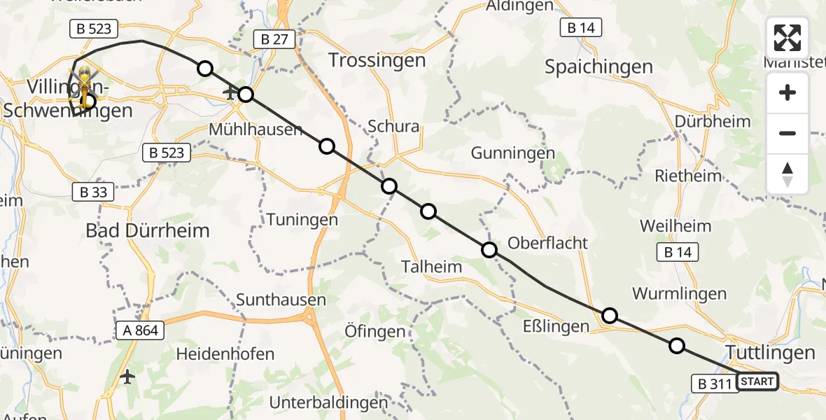 Flugroute Rettungshubschrauber Tuttlingen - DRF Air Rescue Station Villingen-Schwenningen Hubschrauberlandeplatz (Christoph 11), 09 August 2026, 13:23