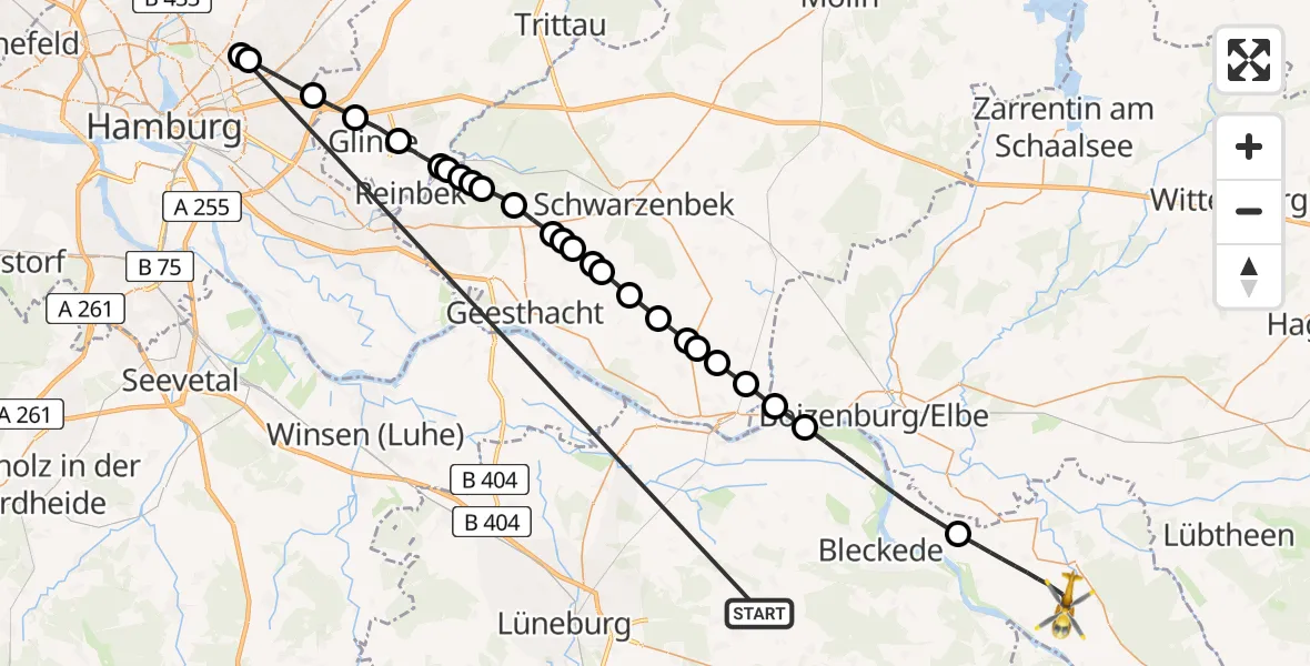 Flugroute Rettungshubschrauber Reinstorf - Amt Neuhaus, 09 August 2026, 13:24