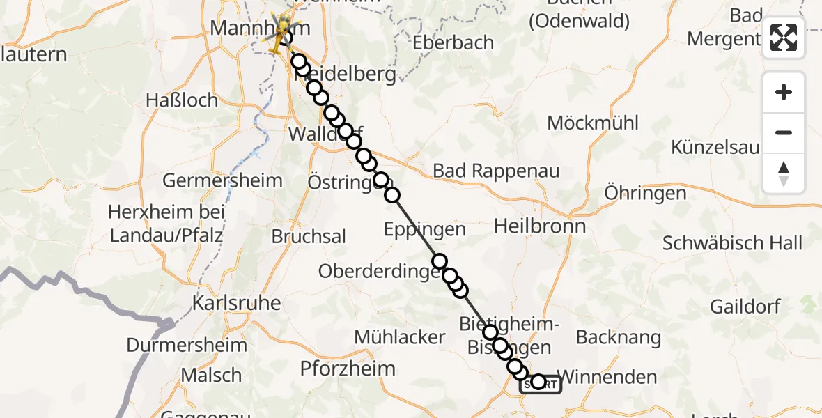 Flugroute Rettungshubschrauber Pattonville Flugplatz - Mannheim-City Flughafen, 09 August 2026, 13:30