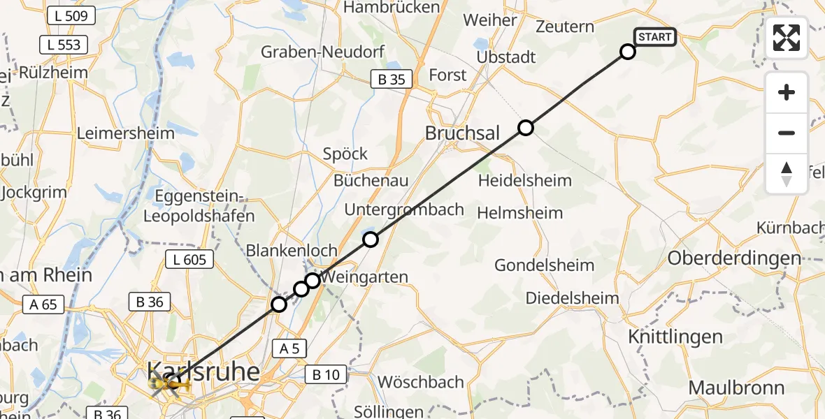 Flugroute Ambulanzhubschrauber Östringen - Sankt Vincentius Hospital, 09 August 2026, 13:30