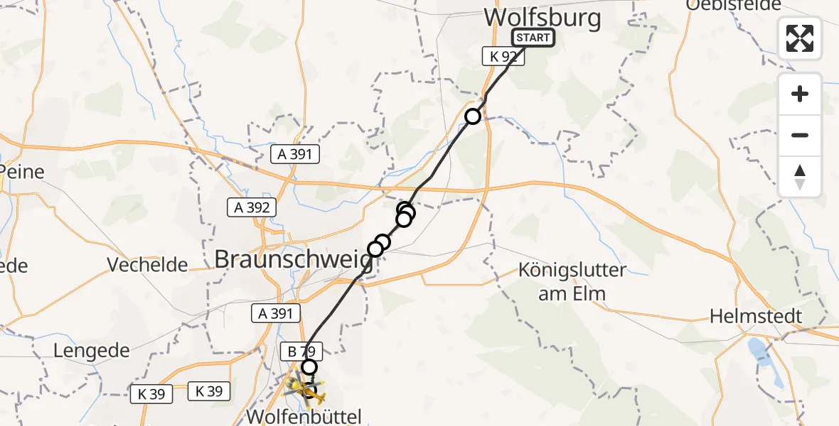 Flugroute Rettungshubschrauber Wolfsburg - Wolfenbüttel Municipal Hospital Heliport (Christoph 30), 09 August 2026, 13:31