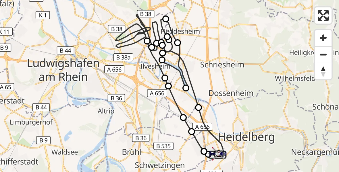 Flugroute Polizeihubschrauber Heidelberg Armee-Hubschrauberbasis - Heidelberg Armee-Hubschrauberbasis, 09 August 2026, 13:32