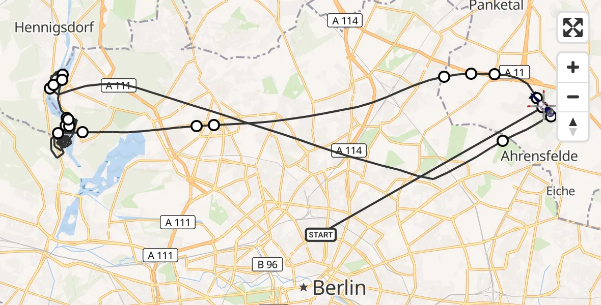 Flugroute Polizeihubschrauber Berlin - Ahrensfelde Hubschrauberlandeplatz, 09 August 2026, 13:36
