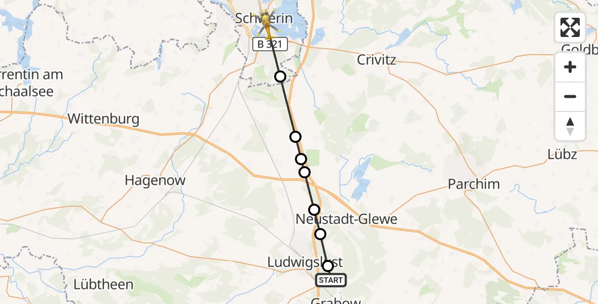 Flugroute Rettungshubschrauber Grabow - Schwerin, 09 August 2026, 13:39