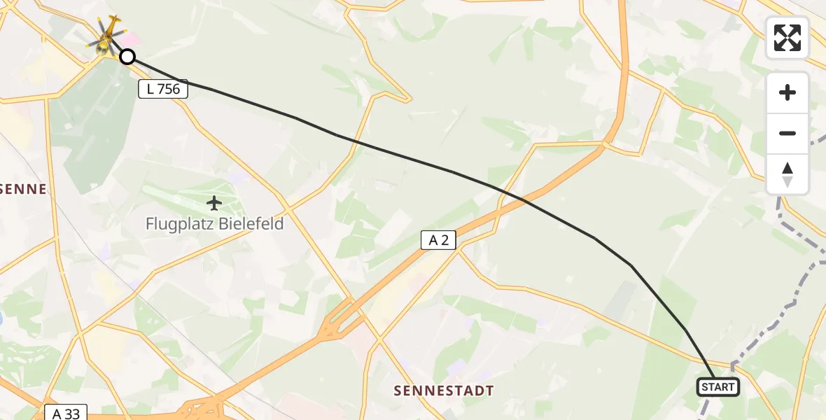 Flugroute Rettungshubschrauber Bielefeld - Luftrettungszentrum Bielefeld, 09 August 2026, 13:40