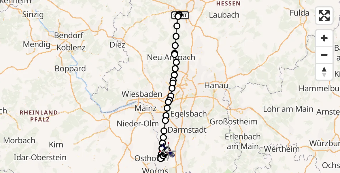 Flugroute Polizeihubschrauber Gießen-Lützellinden Flugplatz - Gernsheim, 09 August 2026, 13:44