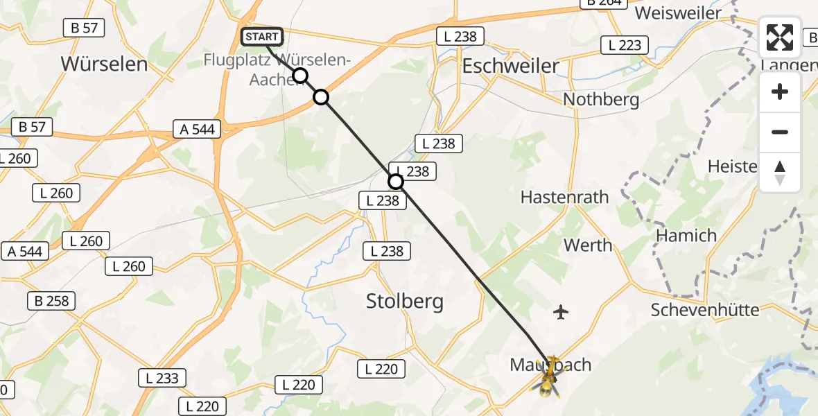Flugroute Rettungshubschrauber Aachen-Merzbrück Flughafen - Stolberg (Rhld.), 09 August 2026, 13:46