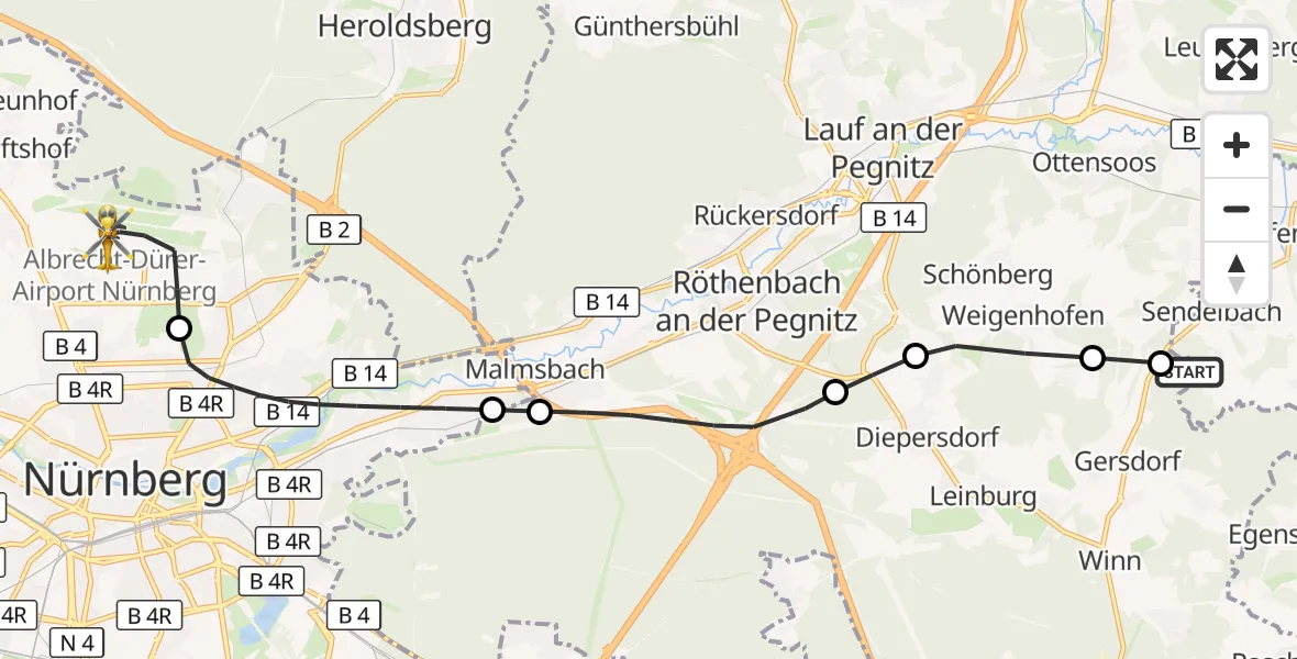 Flugroute Ambulanzhubschrauber Engelthal - Flughafen Nuremberg, 09 August 2026, 13:56