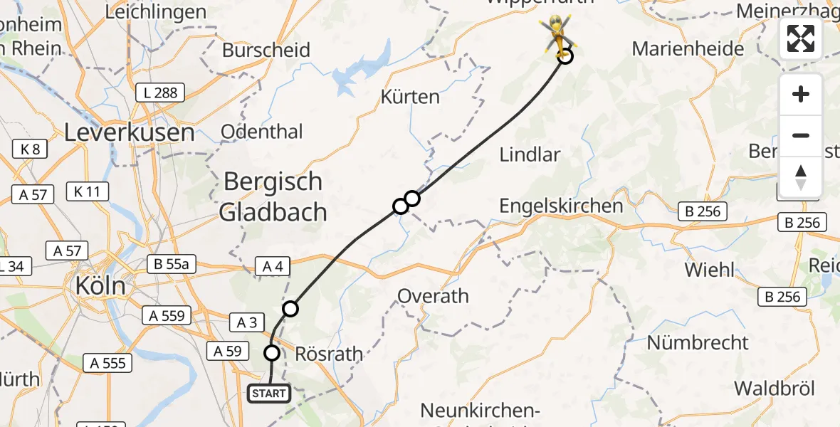 Flugroute Rettungshubschrauber Köln Bonn Flughafen - Wipperfürth, 09 August 2026, 13:59