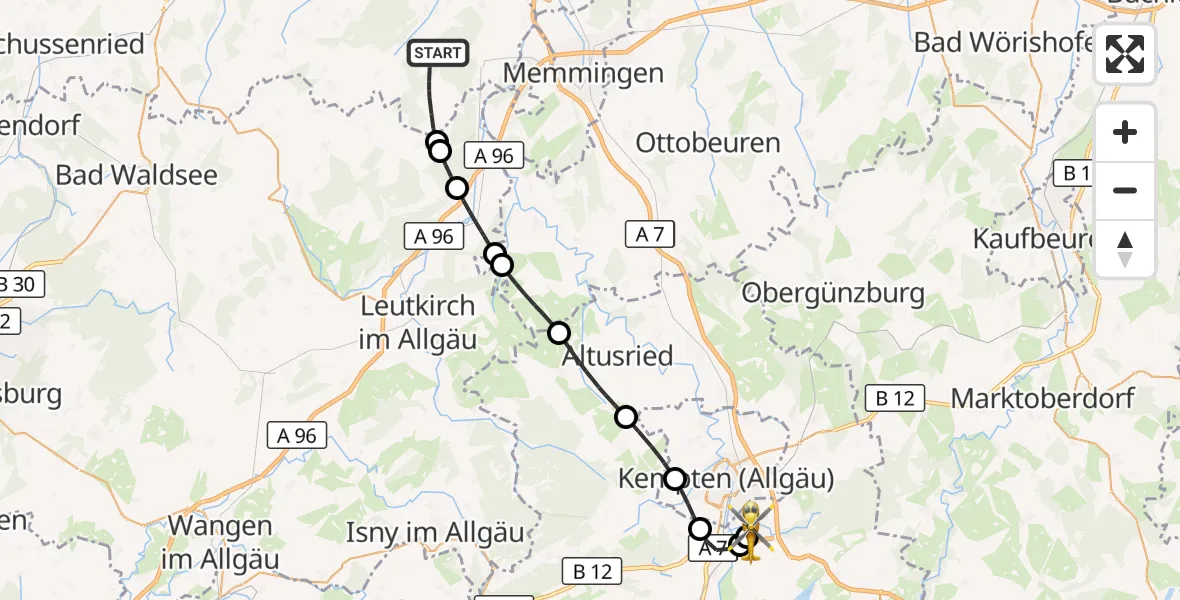 Flugroute Rettungshubschrauber Rot an der Rot - Kempten-Durach Flugplatz, 09 August 2026, 14:02