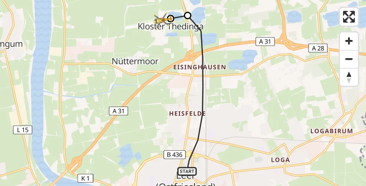Flugroute Ambulanzhubschrauber Leer (Ostfriesland) - Flugplatz Leer-Papenburg, 09 August 2026, 14:03
