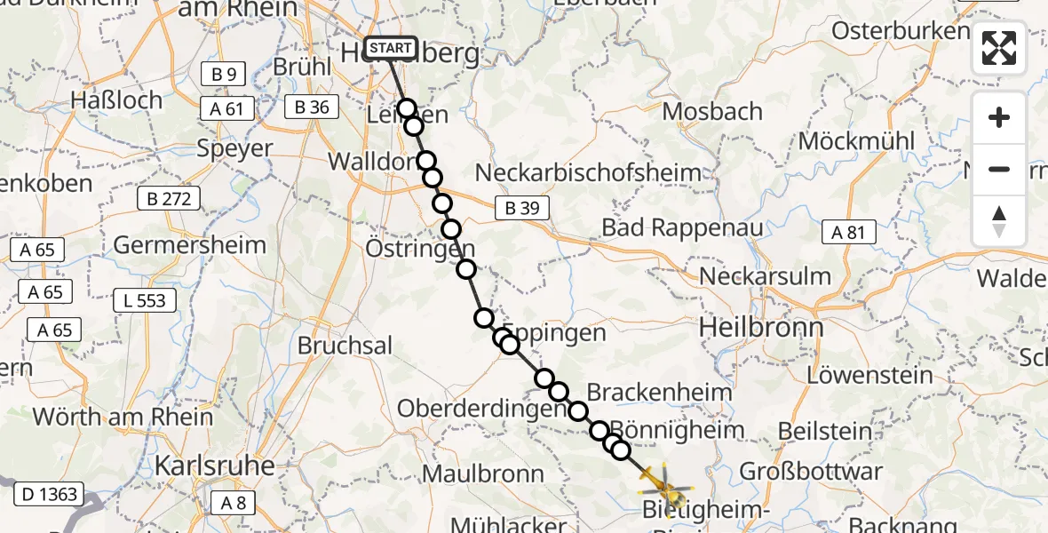 Flugroute Rettungshubschrauber Heidelberg - Sachsenheim, 09 August 2026, 14:08