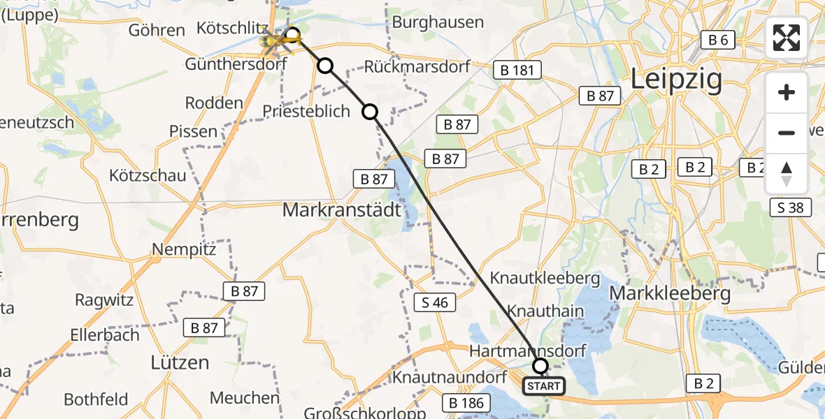 Flugroute Rettungshubschrauber Zwenkau - ADAC Air Rescue Station Leipzig/Schkeuditz-Dölzig Hubschrauberlandeplatz (Christoph 61), 09 August 2026, 14:08