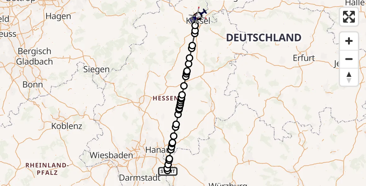 Flugroute Polizeihubschrauber Flugplatz Aschaffenburg - Fuldatal Bundespolizei Hubschrauberlandeplatz, 09 August 2026, 14:10