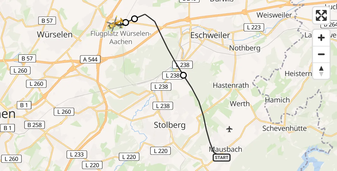 Flugroute Rettungshubschrauber Stolberg (Rhld.) - Aachen-Merzbrück Flughafen, 09 August 2026, 14:12