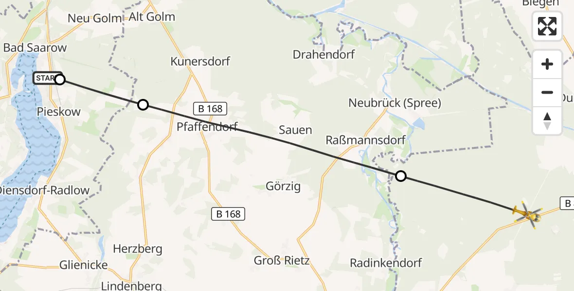 Flugroute Rettungshubschrauber Bad Saarow Hospital - Ragow-Merz, 09 August 2026, 14:14