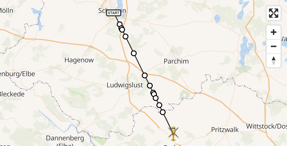 Flugroute Rettungshubschrauber Schwerin - Perleberg, 09 August 2026, 14:20