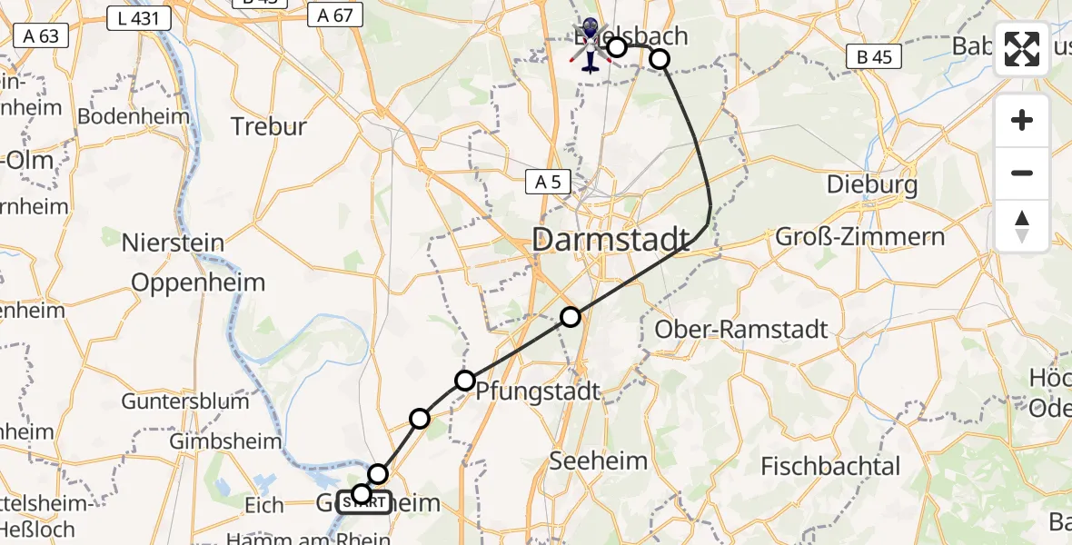Flugroute Polizeihubschrauber Gernsheim - Flughafen Frankfurt-Egelsbach, 09 August 2026, 14:21