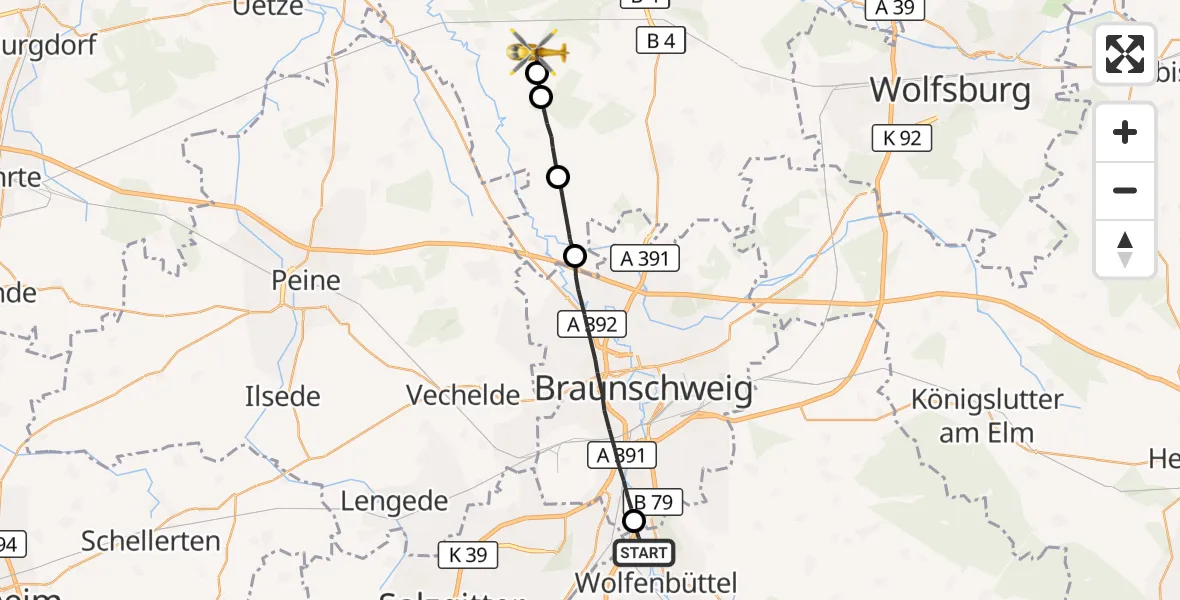 Flugroute Rettungshubschrauber Wolfenbüttel - Leiferde, 09 August 2026, 14:23