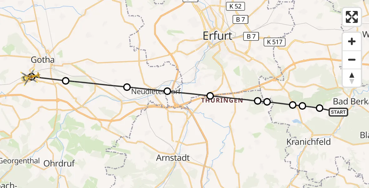 Flugroute Ambulanzhubschrauber Bad Berka - Helios Clinic Gotha, 09 August 2026, 14:26