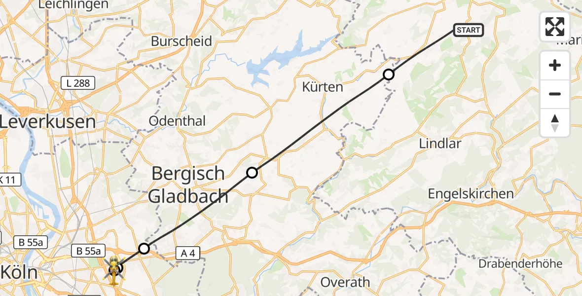 Flugroute Rettungshubschrauber Wipperfürth - Merheim Hospital, 09 August 2026, 14:28
