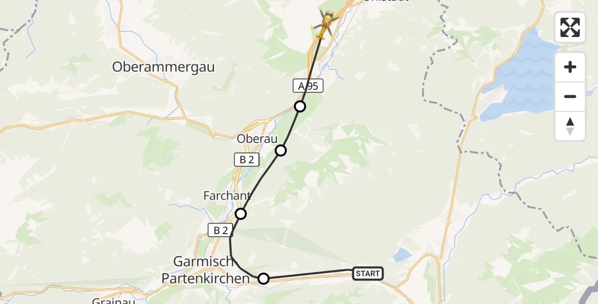 Flugroute Rettungshubschrauber Krün - Eschenlohe, 09 August 2026, 14:29