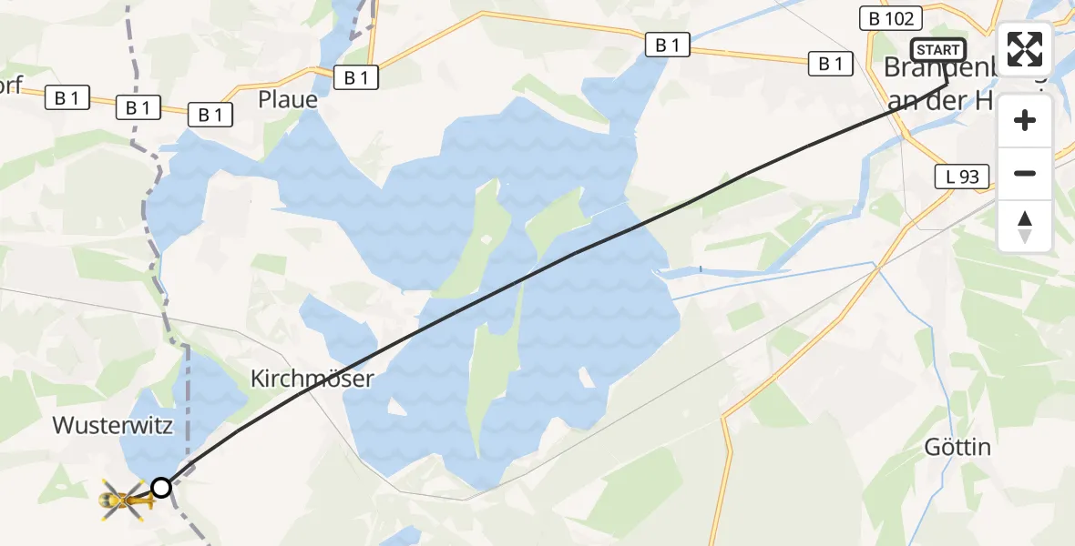 Flugroute Rettungshubschrauber Brandenburg an der Havel - Wusterwitz, 09 August 2026, 14:36