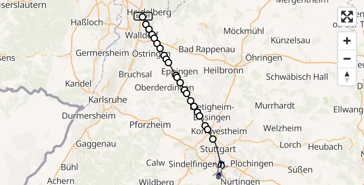 Flugroute Polizeihubschrauber Heidelberg Armee-Hubschrauberbasis - Flughafen Stuttgart, 09 August 2026, 14:36